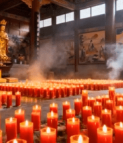 寺庙内佛像前点燃的蜡烛3922#横屏 
