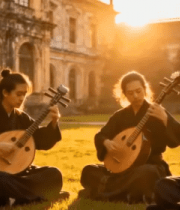 四人于古建筑前草地弹奏乐器7530#横屏 