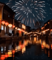 水乡夜景烟花与灯笼景观3819#横屏 