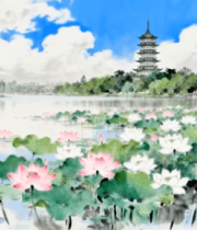 水墨风格荷花湖景与古塔12819#横屏 