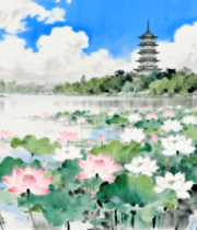 水墨风格荷花湖景与古塔12819#横屏 