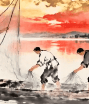 水墨风渔夫撒网场景2433#横屏 