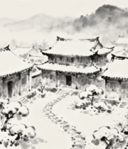 水墨风格古建筑群雪景6751#横屏 