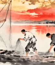 水墨风渔夫撒网场景2433#横屏 