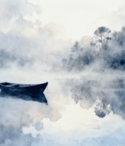 水墨画风格湖面小船景色2185#横屏 