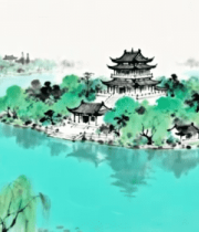 水墨风江南古建筑湖景素材7579#横屏 