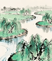 水墨风山水柳岸素材14299#横屏 