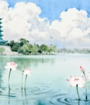 水墨风古塔荷花湖景素材32#横屏 