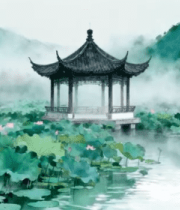 水墨风格荷塘古亭风景7441#横屏 