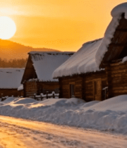 冬日村庄木屋雪景夕阳景象1047#横屏 