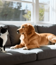 室内沙发上的猫和狗10138#横屏 