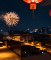 室内透过窗户看烟花夜景3590#横屏 