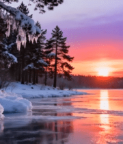 冬季森林湖畔日落景象10206#横屏 
