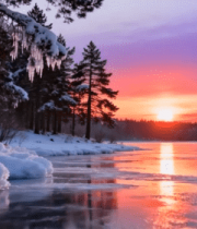 冬季森林湖畔日落景象10206#横屏 