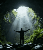 洞穴中人物张开双臂迎接阳光4083#横屏 