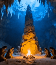 	 洞穴内众人围火祈祷场景3307#横屏 