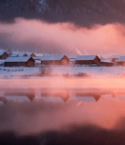 	 冬日雪村湖畔日出景象1795#横屏 