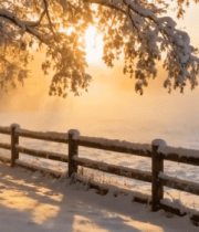 冬日雪景中阳光照耀的围栏树林3946#横屏 