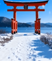 冬日日本湖边红色鸟居雪景1539#横屏 