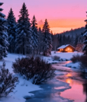 冬日森林河流雪景日落7587#横屏 