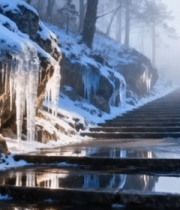 冬日森林积雪石阶与冰柱景观8899#横屏 