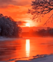 冬日河畔日出雪景4710#横屏 