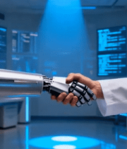 实验室人员与机器人握手素材14796#横屏 