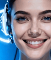 	 戴耳机微笑的年轻女性237#横屏 