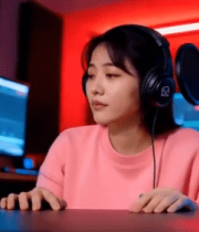 戴耳机女生对着麦克风7334#横屏 