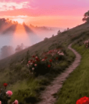 山间玫瑰小径日出美景10720#横屏 