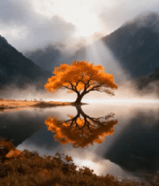 山间秋景湖水与橙黄树木4549#横屏 