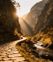 山间石径溪流日出景象12444#横屏 