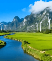 山间河流旁的风力发电场景6044#横屏 