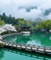 春日湖景桥亭自然风光5668#横屏 