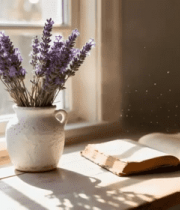 窗边花瓶薰衣草与翻开的书882#横屏 