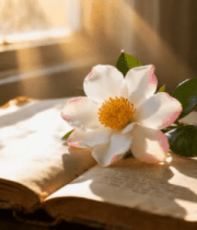 窗边翻开的书上放置花朵素材246#横屏 