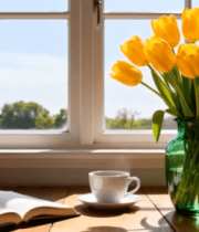 窗边花瓶中黄色郁金香与书咖啡12148#横屏 