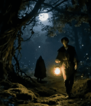 森林中持灯人物夜晚行走素材14892#横屏 