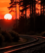 森林铁轨日落景象3875#横屏 