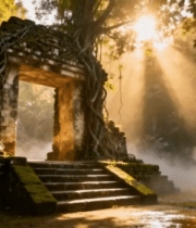 丛林中古老石拱门阳光照射景象6101#横屏 