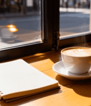 窗边木桌咖啡与笔记本场景4088#横屏 