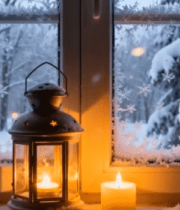 窗边雪景与点燃的灯笼蜡烛7961#横屏 