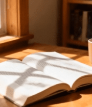 窗边木桌上翻开的书籍与咖啡杯4925#横屏 