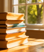 窗边木桌上堆叠的书籍10727#横屏 