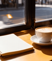 窗边木桌咖啡与笔记本场景4088#横屏 