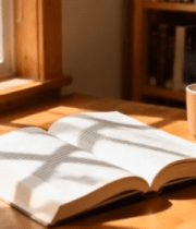 	 窗边木桌上翻开的书籍与咖啡杯4925#横屏 