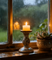 窗前雨中点燃的蜡烛与绿植1287#横屏 