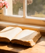 窗边木桌上翻开的书籍与鲜花2843#横屏 