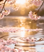 春日湖面飘落的樱花花瓣12062#横屏 