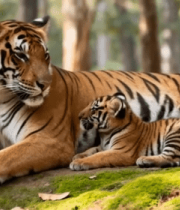 森林中母虎与幼虎休憩画面9189#横屏 